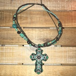 Large turquoise cross beaded necklace